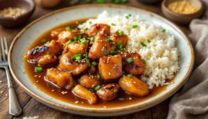 La recette de la semaine : poulet caramélisé au soja dans un bouillon ail-gingembre, servi avec du riz