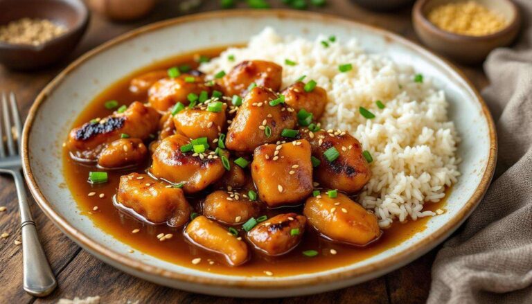 La recette de la semaine : poulet caramélisé au soja dans un bouillon ail-gingembre, servi avec du riz