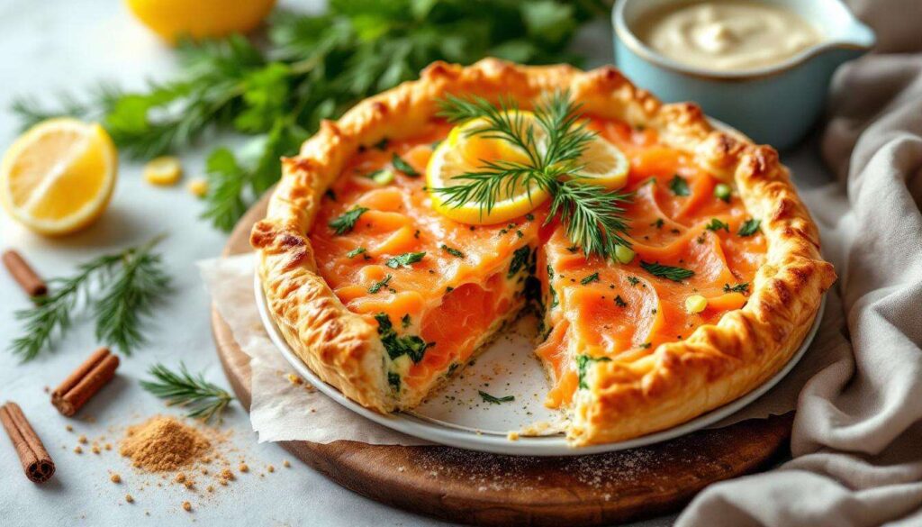 Noël feuilleté et fondant avec cette tourte au saumon, parfaite pour un repas chic sans passer la journée en cuisine