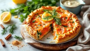 Noël feuilleté et fondant avec cette tourte au saumon, parfaite pour un repas chic sans passer la journée en cuisine