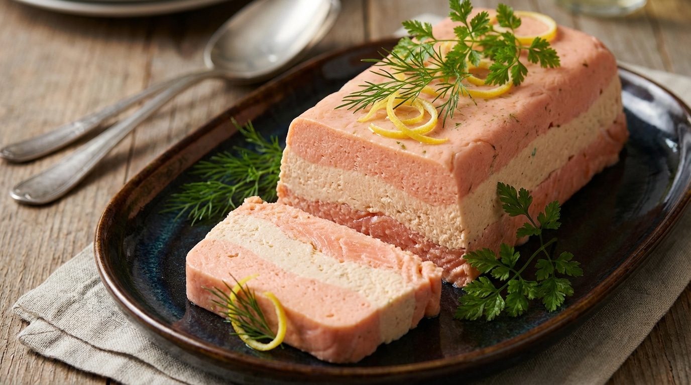 J’ai assemblé cette terrine de saumon aux deux saveurs en 10 minutes : fondante, parfumée et parfaite avec un zeste de citron (succès assuré sur la table de fête)