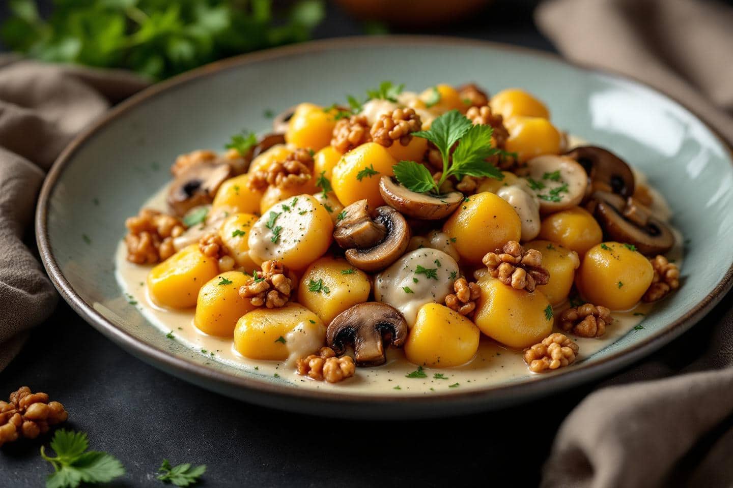 J’ai poêlé des gnocchis du commerce avec champignons, noix et crème : prêt en 20 minutes, un dîner d’hiver bluffant (et économique !)