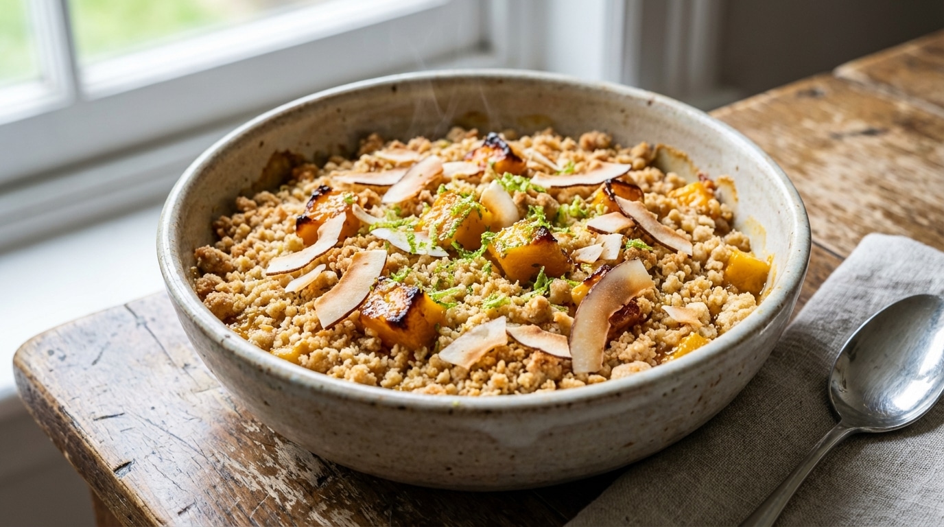 J’ai préparé ce crumble mangue, coco et citron vert en 10 minutes : un dessert fondant-croquant qui sent les vacances (et qui plait à toute la famille)
