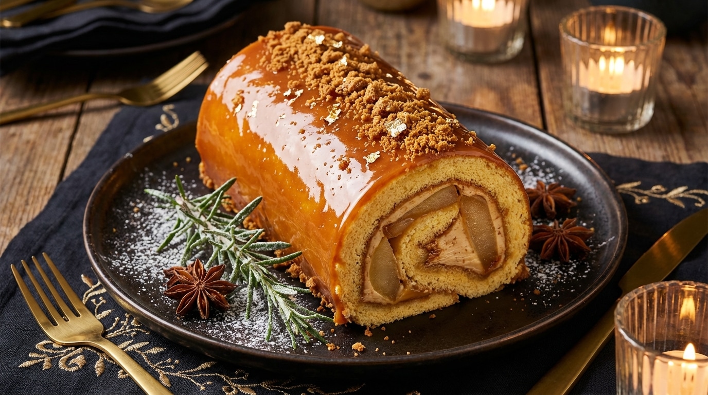 Ma bûche roulée express spéculoos‑poires caramélisées : mon dessert zéro prise de tête et pas cher quand je veux faire un carton lors des Fêtes !