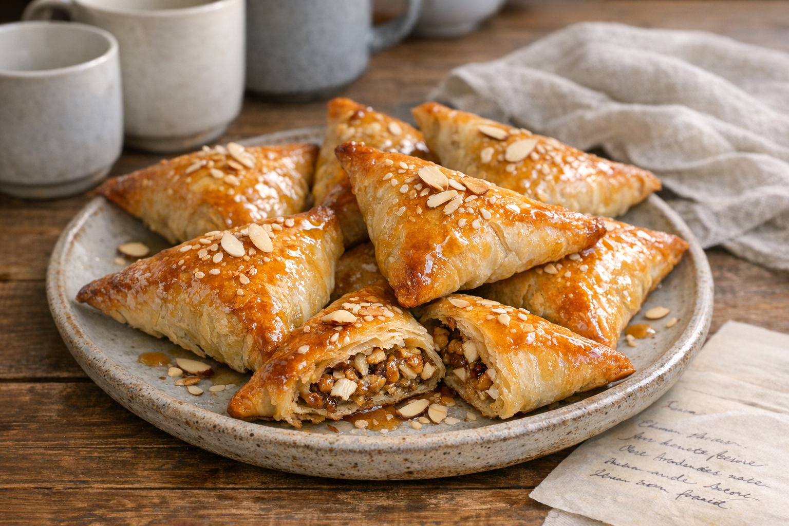 J’ai modelé ces samsas amandes-noisettes en 30 minutes : triangles dorés, sirop miel-fleur d’oranger et zéro ingrédient introuvable (succès garanti à l’iftar)