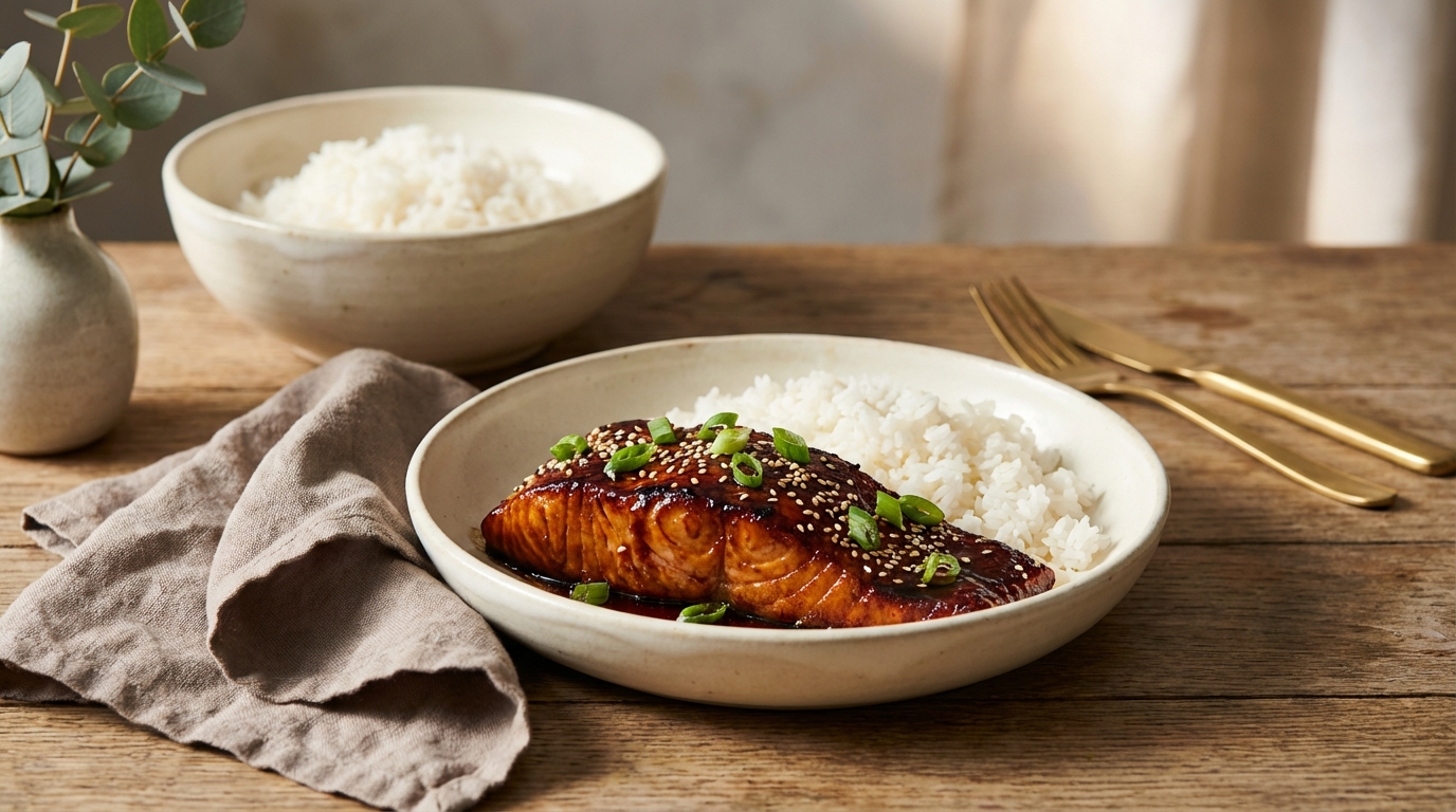 Enfin un saumon laqué façon teriyaki prêt en 15 minutes : 5 ingrédients basiques, une sauce brillante et un riz blanc qui sublime tout (test express validé)