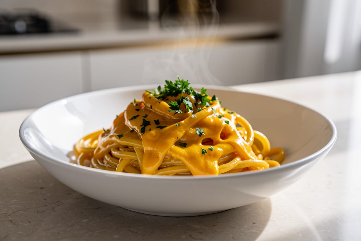 « La pasta crémeuse façon placard qui fait fondre tout le monde : fromage fondu, persil et lait en 15 minutes »
