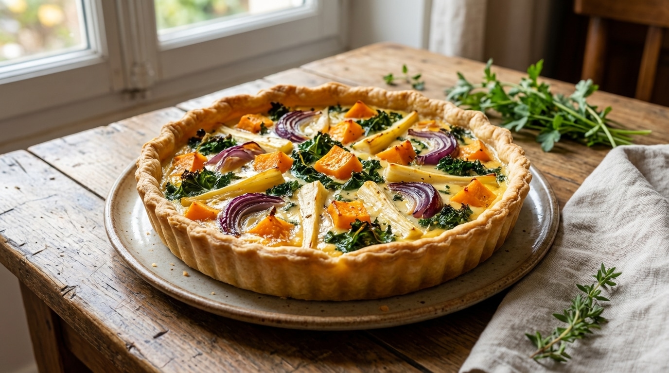 J’ai adopté la quiche sans œufs aux légumes d’hiver : 35 minutes au four, une texture bluffante grâce au tofu soyeux (et personne n’a deviné le secret)