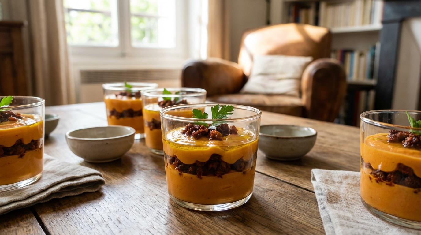 Un seul geste en fin de dressage transforme ces verrines carottes-chorizo en bouchées d’apéro irrésistibles