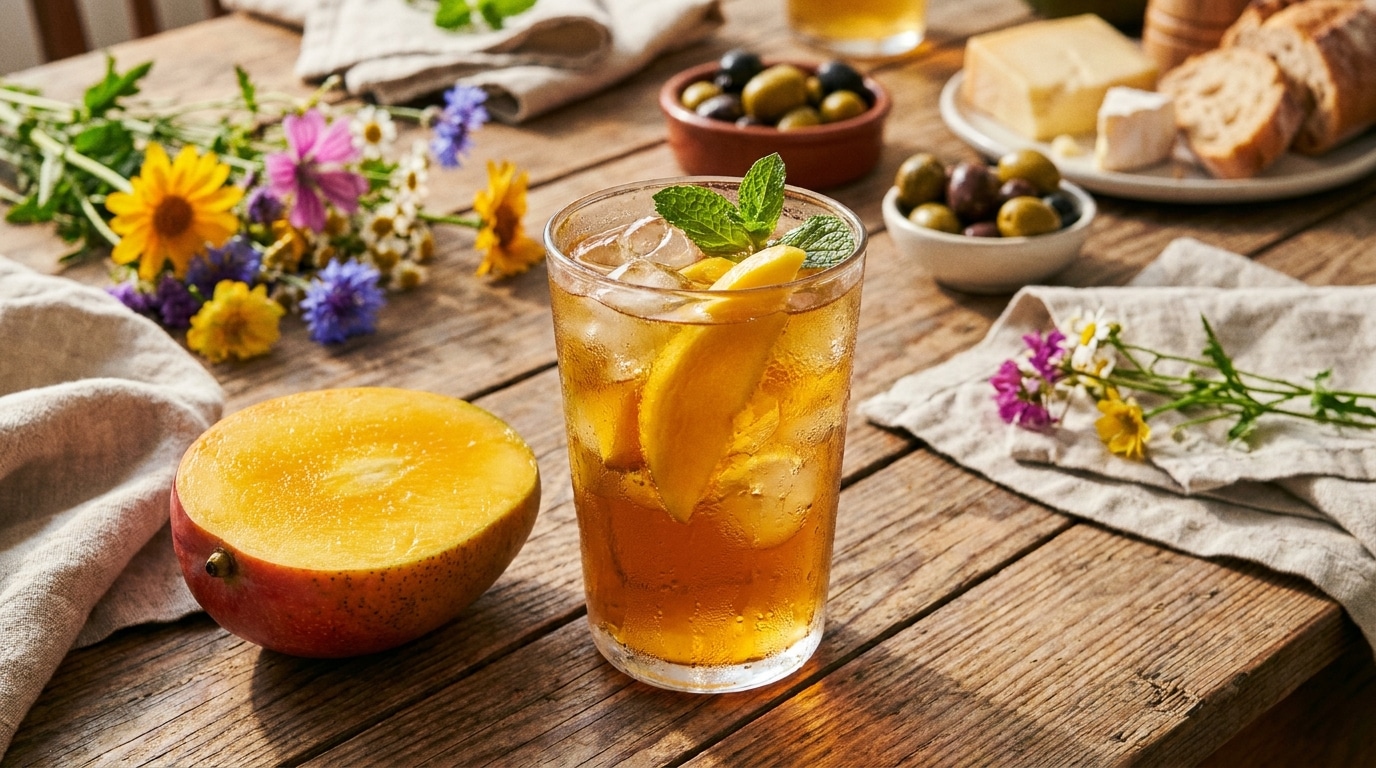 J’ai ajouté un dernier geste à mon thé glacé à la mangue : depuis, tous mes invités jurent que c’est un cocktail de barman