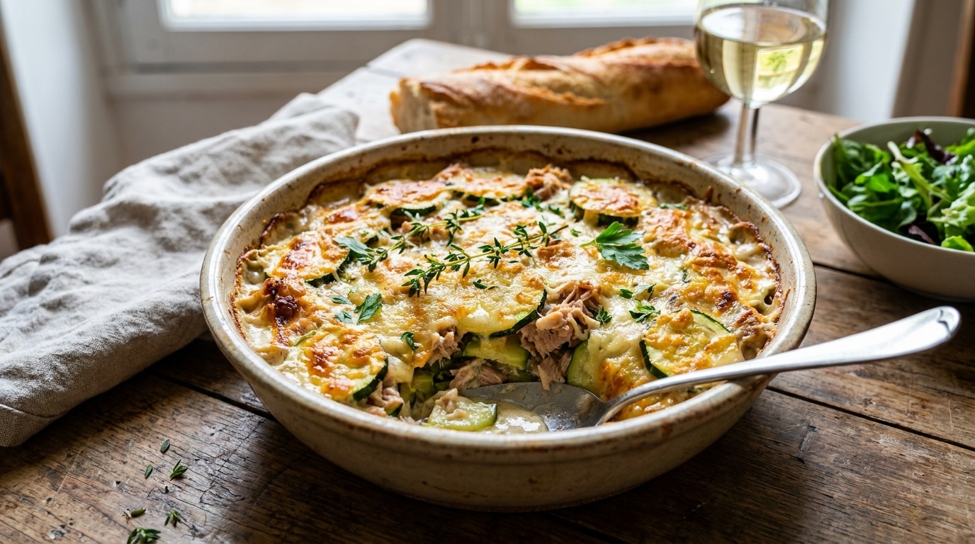 J&rsquo;ai arrêté de faire des courses pour ce gratin de courgettes au thon : tout était déjà dans mon placard depuis des semaines