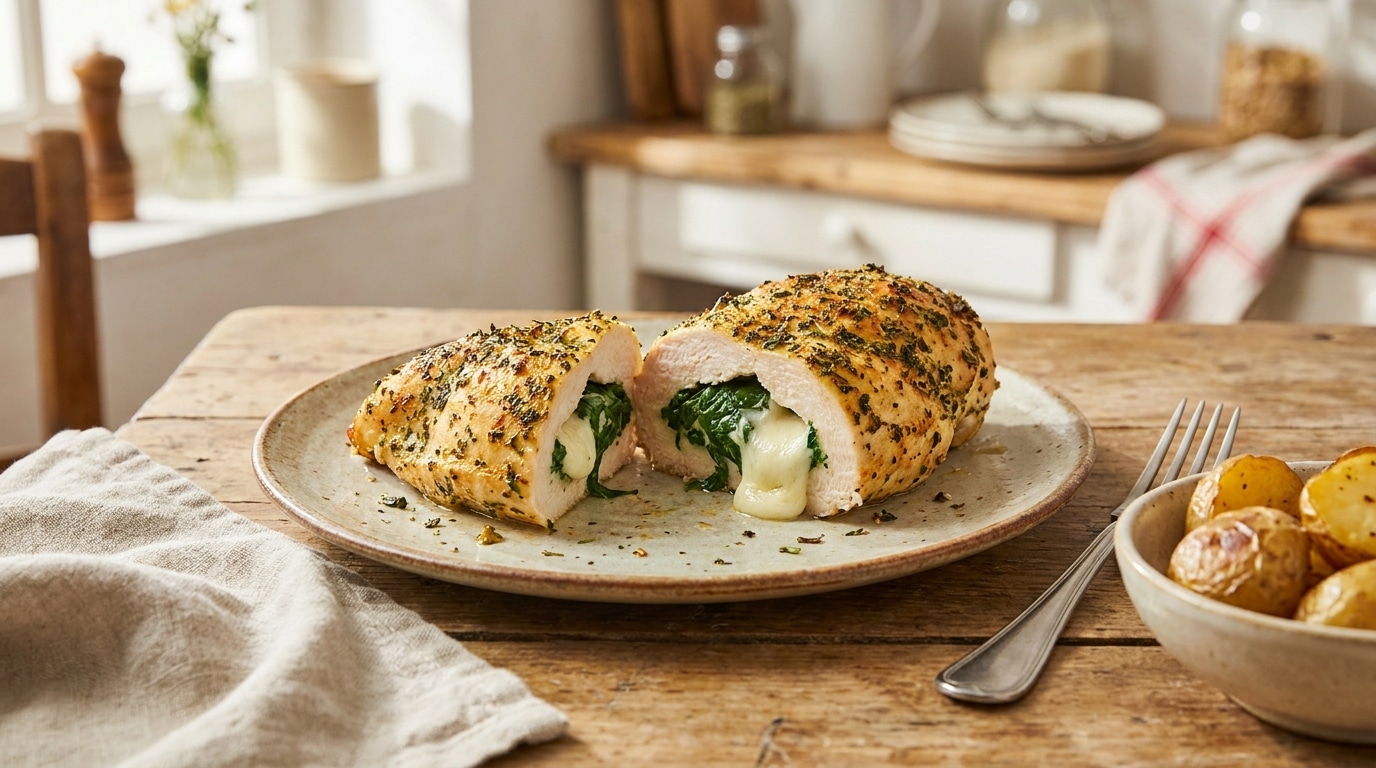 J’ai farci mes blancs de poulet aux épinards et mozzarella sans ficelle ni cure-dent : 25 minutes au four et la garniture n’a pas bougé d’un millimètre