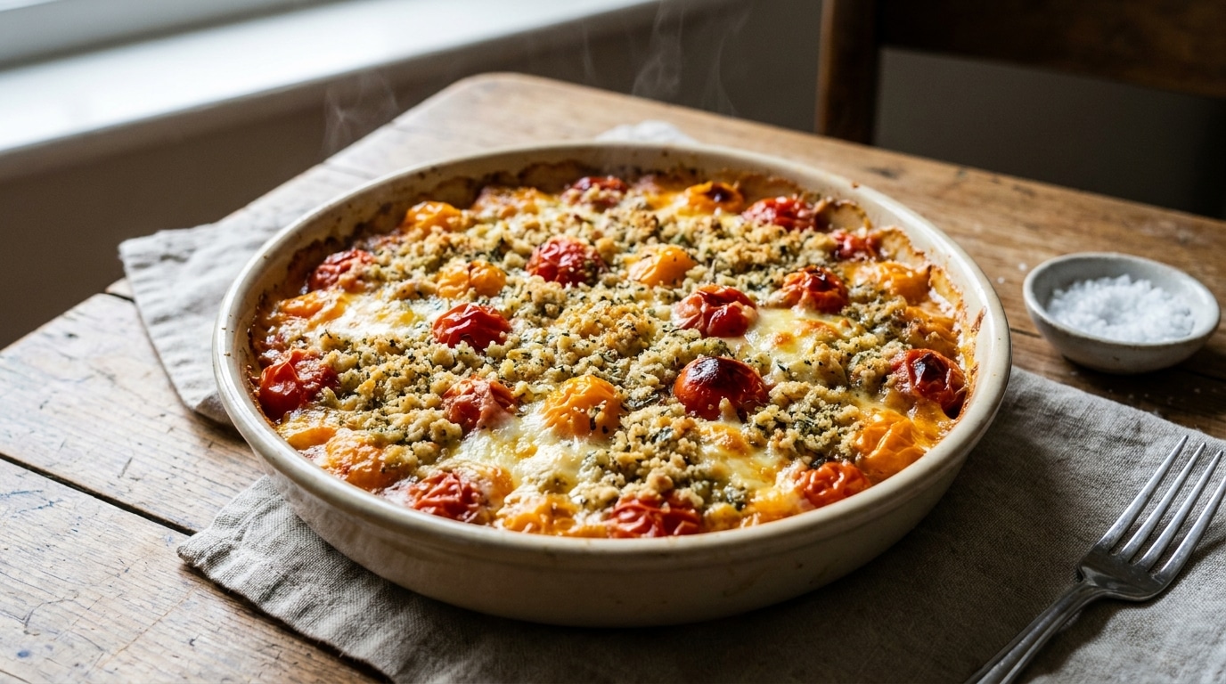 C&rsquo;est fini les tartes salées qui détrempent : ce crumble provençal aux tomates cerises et au fromage reste crousti-fondant jusqu&rsquo;au bout