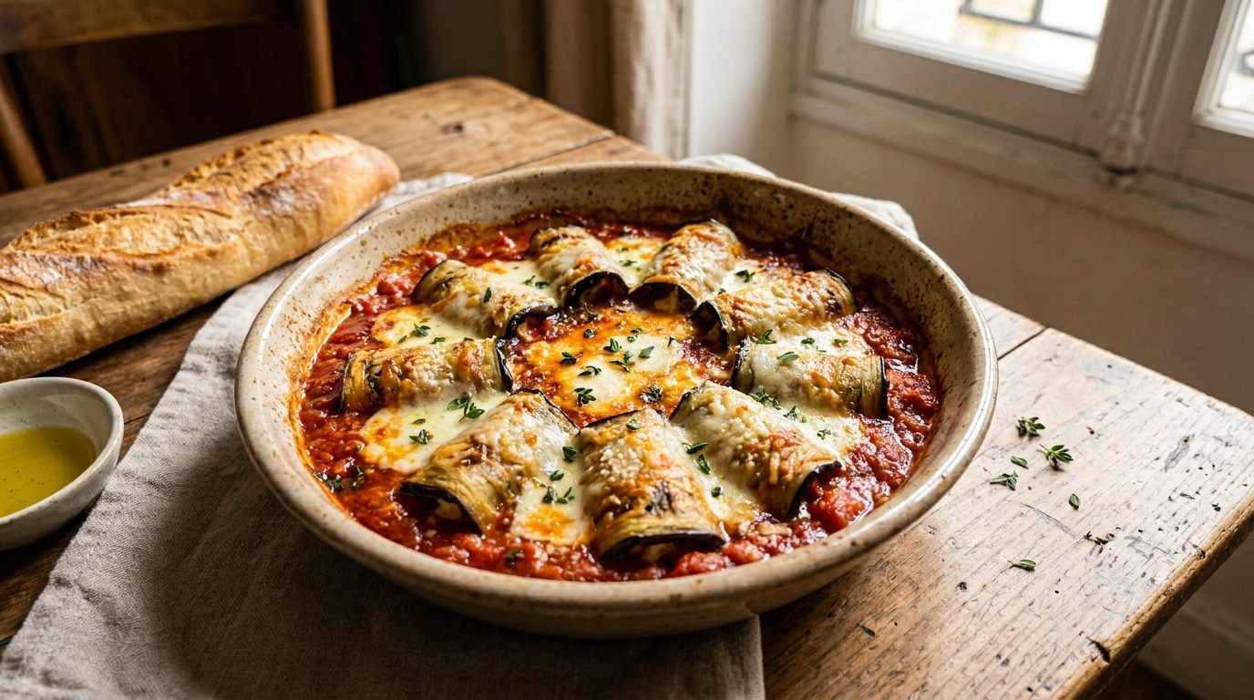Fini les gratins lourds à chaque repas : ces roulés d’aubergine gratinés au four sentent bon le Sud et changent tout