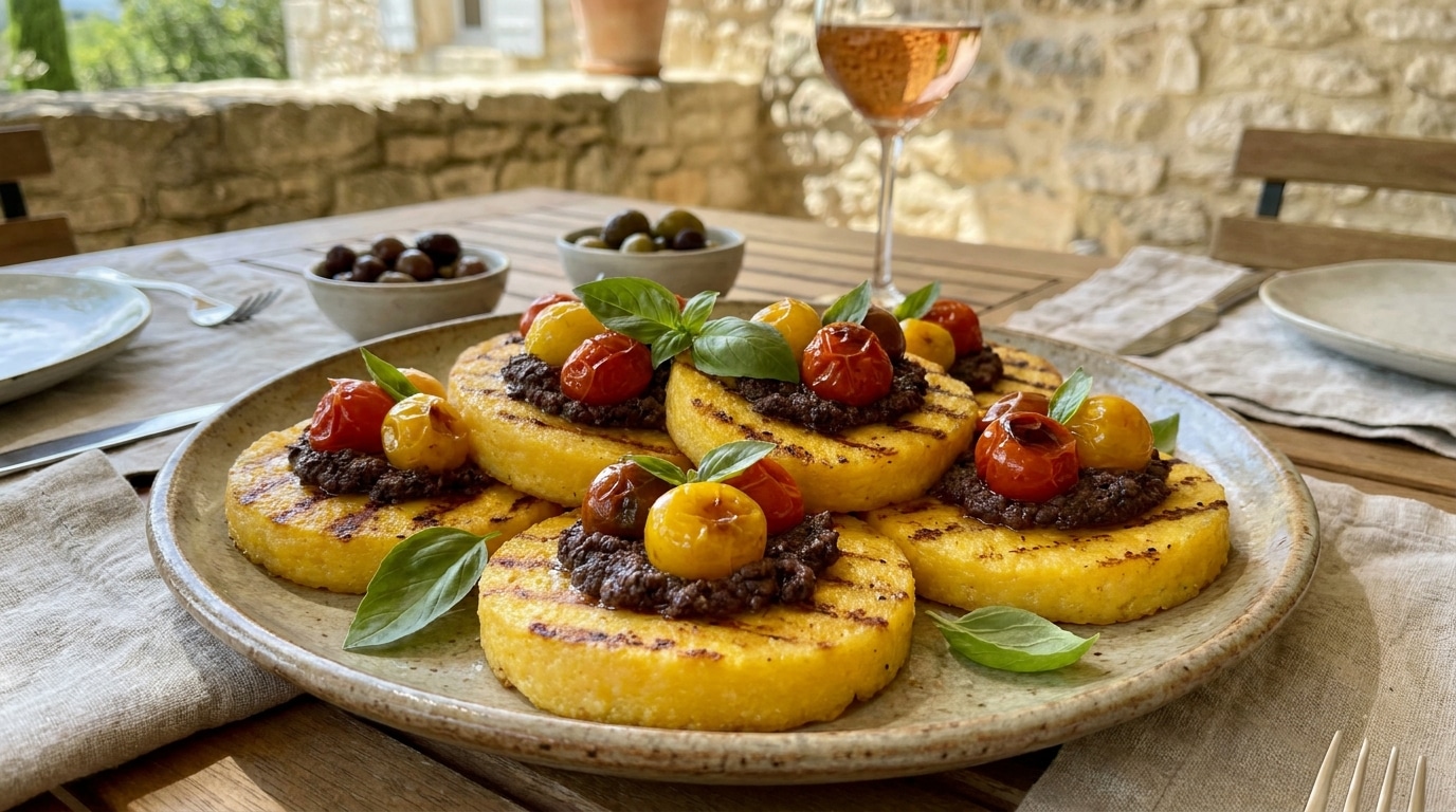 Fini les toasts de pain qui ramollissent à l’apéro : cette base de polenta grillée reste croustillante jusqu’au dernier invité