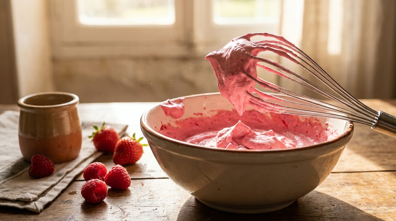 J’ai fouetté de la crème avec un seul fruit et un blanc d’œuf : quand j’ai soulevé le fouet, la couleur rose m’a fait douter de mon propre bol