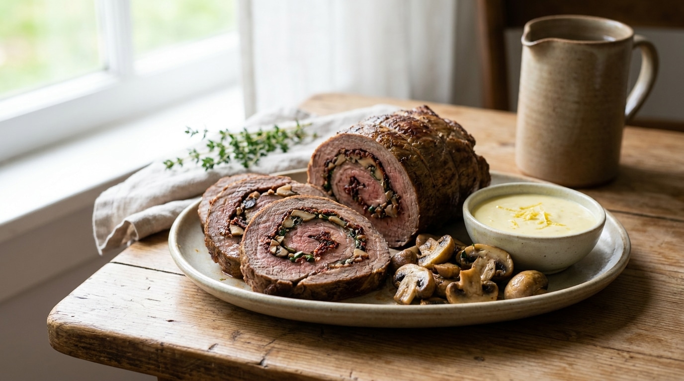 J’ai roulé mon rôti de bœuf avec du pesto rouge et des champignons avant de le ficeler : à table, personne ne s’attendait à ce qu’on allait trouver à l’intérieur