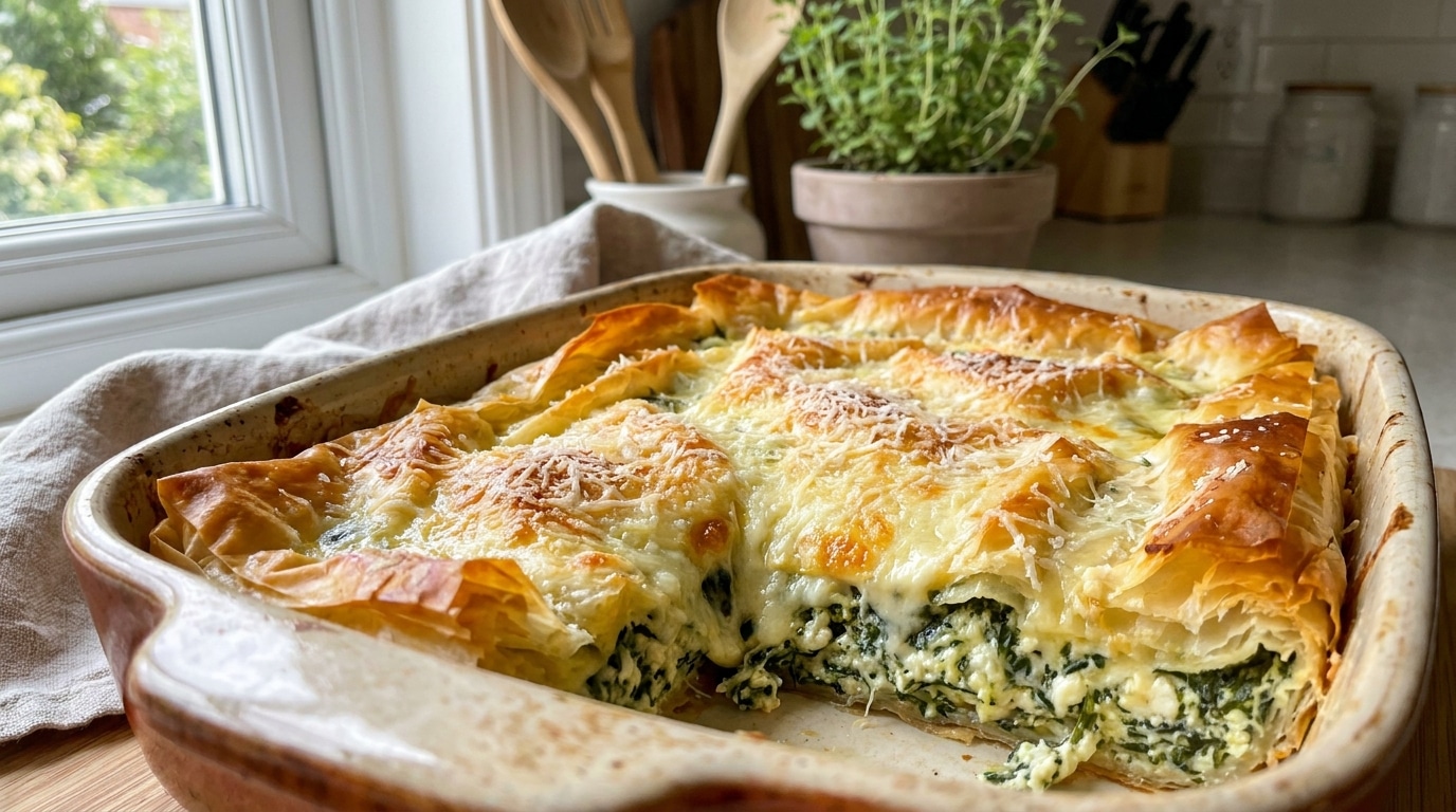 J’ai versé un mélange œufs-lait sur ma pâte filo garnie d’épinards et de feta : en ouvrant le four, la texture n’avait rien d’un feuilleté classique