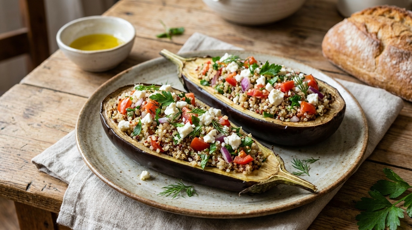 J’ai vidé mes aubergines et rempli le creux avec ce que j’avais dans le placard : 35 minutes au four et plus personne ne réclamait de steak