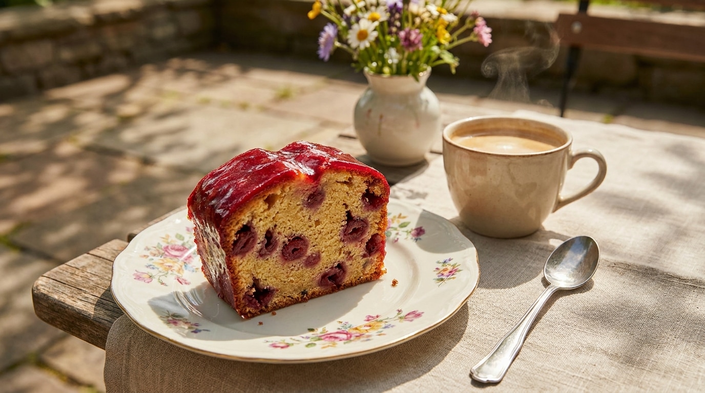 Pressé et sans idée pour changer du clafoutis ? Ce cake aux cerises au glaçage confiture et kirsch se prépare facilement pour un goûter ultra moelleux