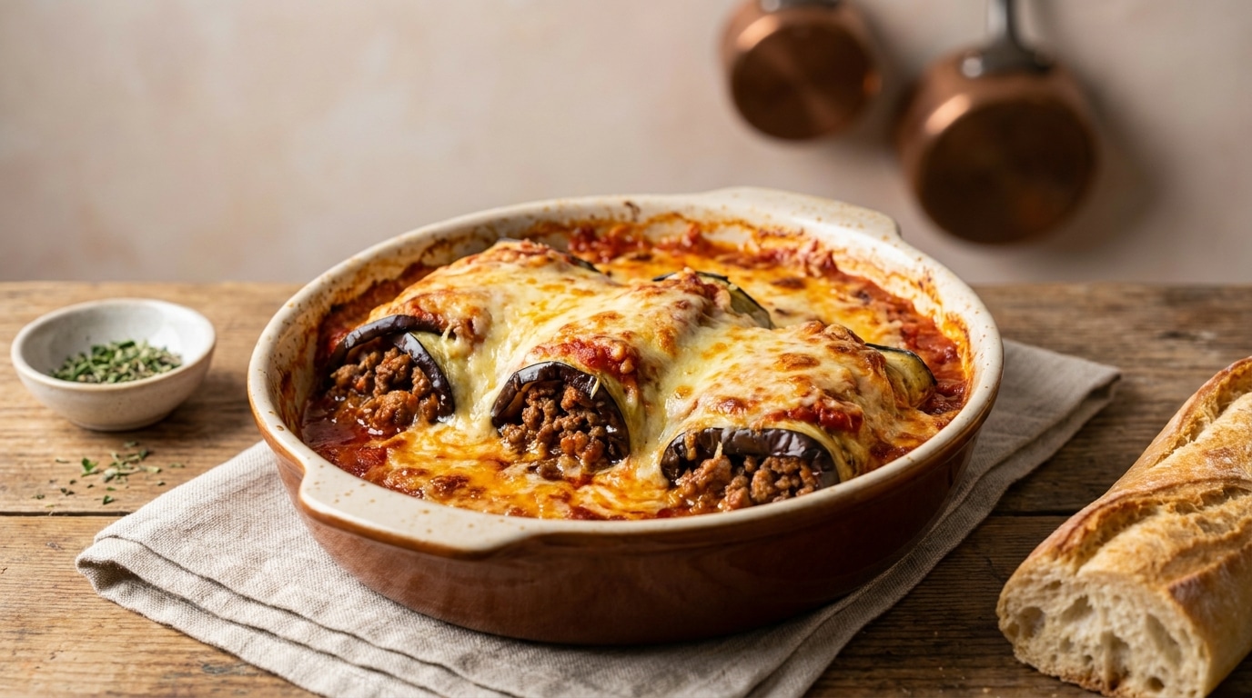 Ce gratin d’aubergines roulées cache un cœur mystère : le dîner ultra fondant prêt en seulement 20 minutes