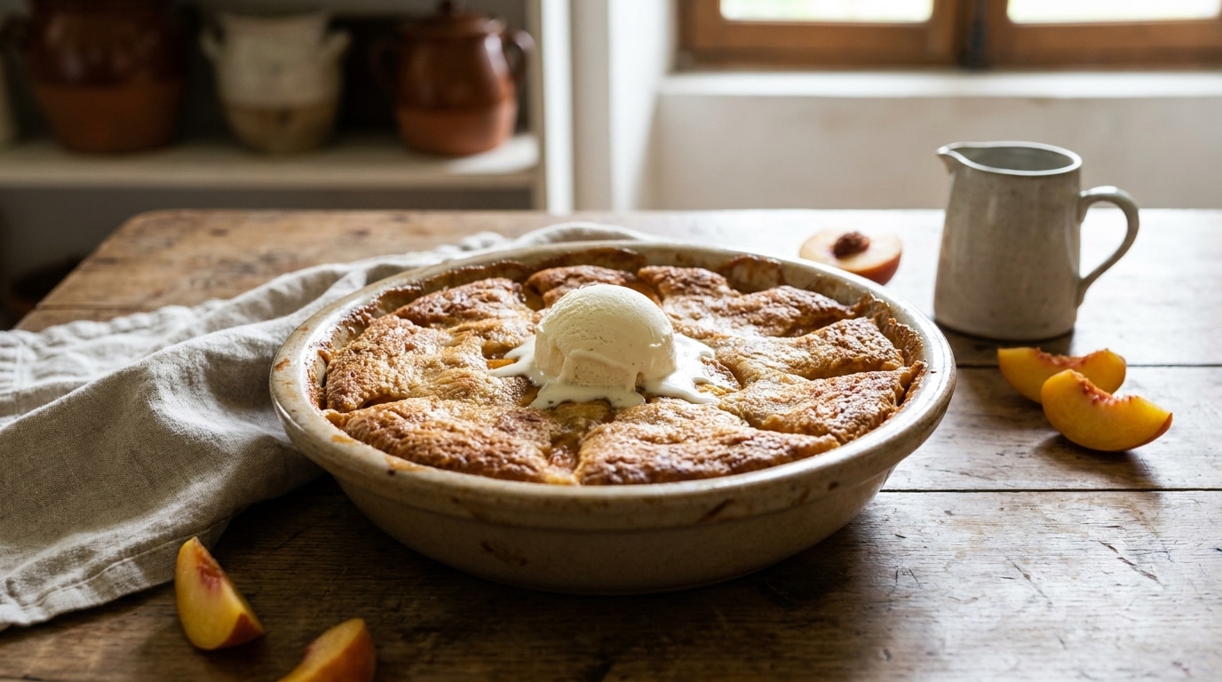 Fini les desserts d’été compliqués : ce cobbler aux pêches se prépare en quelques minutes et se partage encore tiède