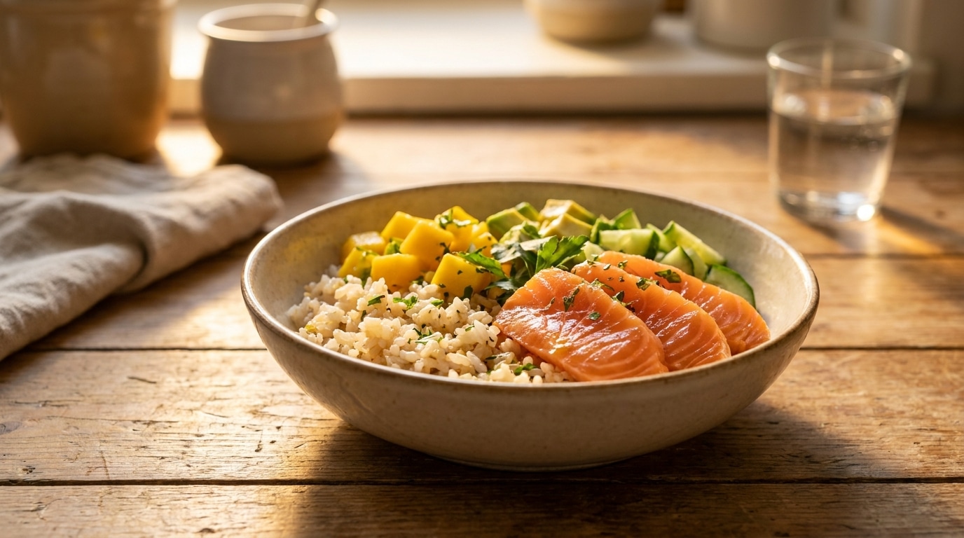 Fini les dîners d’été qui traînent en cuisine : ce bol de saumon et de mangue se monte en quelques minutes et personne ne redemande autre chose