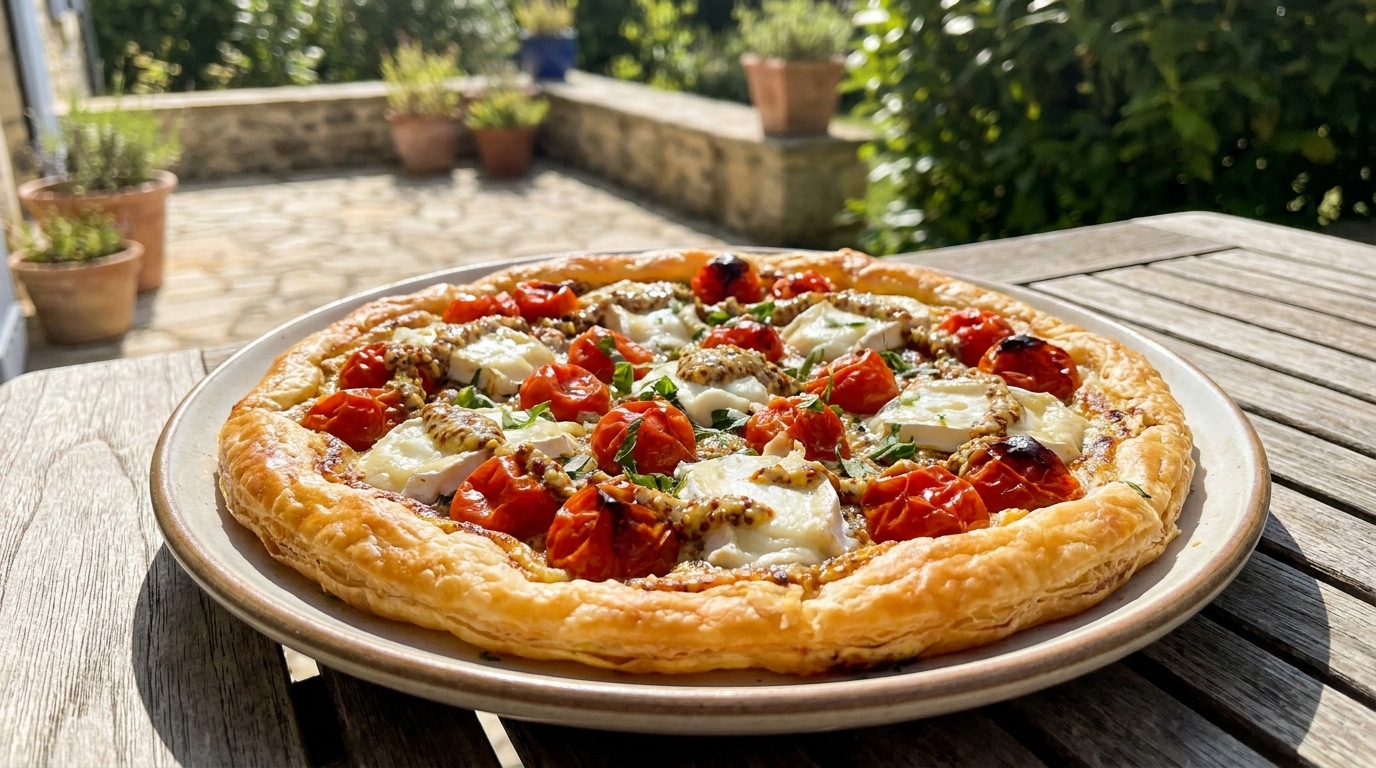 J&rsquo;ai badigeonné de moutarde le fond de ma pâte feuilletée avant de poser les tomates : en sortant la tarte du four, j&rsquo;ai compris pourquoi elle était aussi dorée