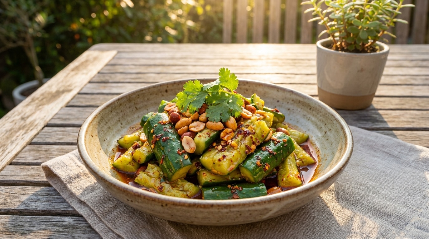 J’ai coupé mon concombre en rondelles comme pour une salade classique : en goûtant ma version chinoise, j’ai compris pourquoi elle n’était jamais croquante