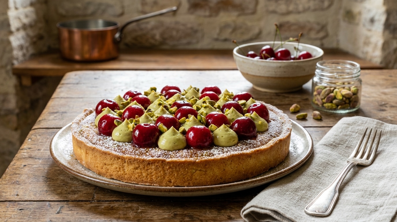 J’ai enfourné une tarte aux cerises avec une crème inhabituelle juste pour tester : mes invités ont cru que j’avais suivi un cours de pâtisserie