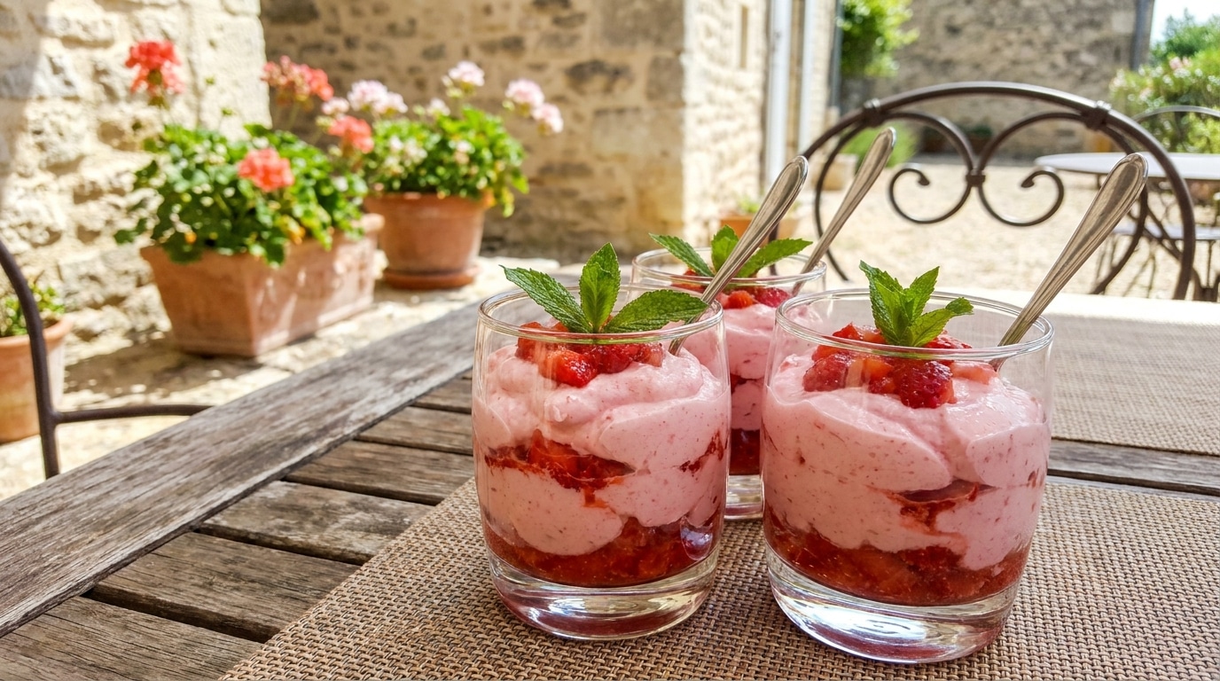 J’ai fouetté de la crème avec quelques fraises écrasées sans rien cuire : en sortant les verrines du frigo, mes invités ont cru à un dessert de pâtissier