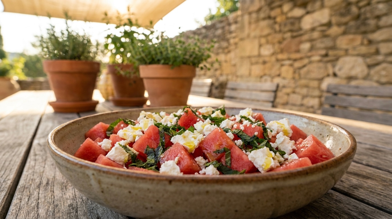 J’ai posé des cubes de pastèque sur ma feta juste pour rafraîchir l’entrée : ce qui s’est passé en bouche a fait taire toute la table