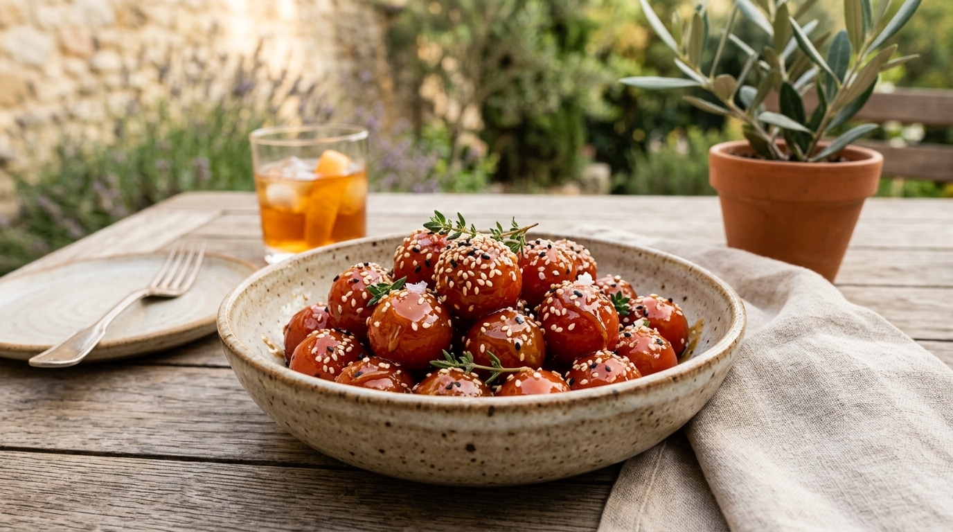 J’ai roulé mes tomates cerises dans du sésame juste pour tester : mes invités ont cru que je les avais achetées chez un traiteur japonais