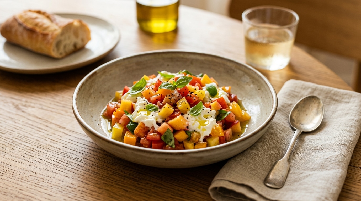 J’ai taillé mes tomates anciennes en dés avec un fruit d’été juste pour tester : mes invités ont cru que je sortais d’une trattoria italienne