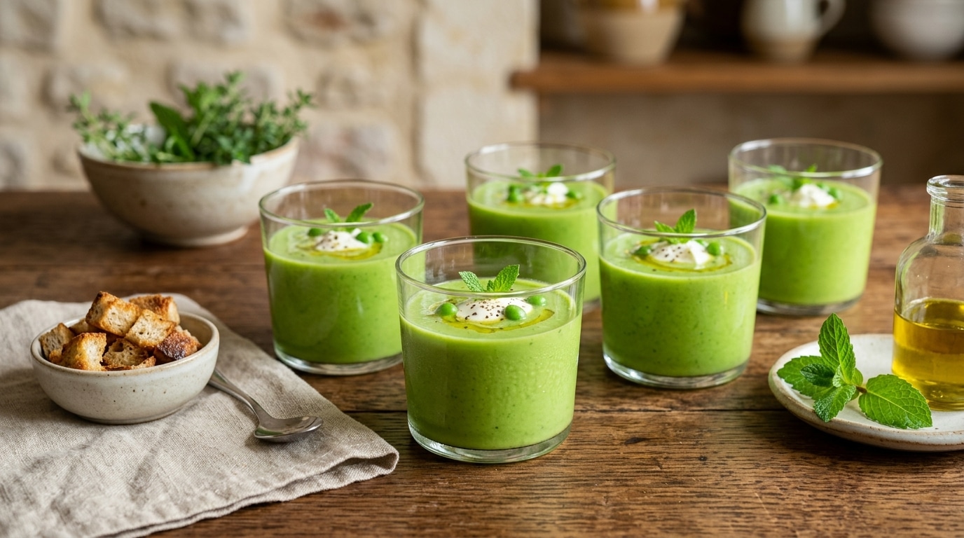 J’ai versé cette entrée glacée en verrines pour gagner du temps : les invités ont deviné les petits pois, jamais l’herbe cachée dedans