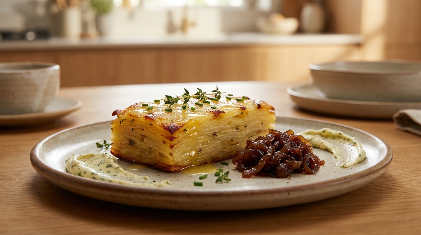 Mon frère a vidé le plat de millefeuille de pommes de terre avant le rôti : il n&rsquo;a jamais deviné ce qui dorait sur le dessus