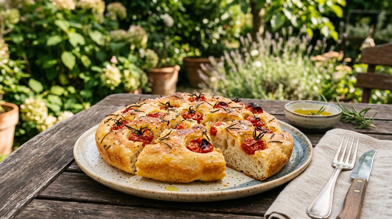 On s’obstine tous à sortir cacahuètes et chips à l’apéro, alors que cette focaccia aux tomates et romarin part en dix minutes