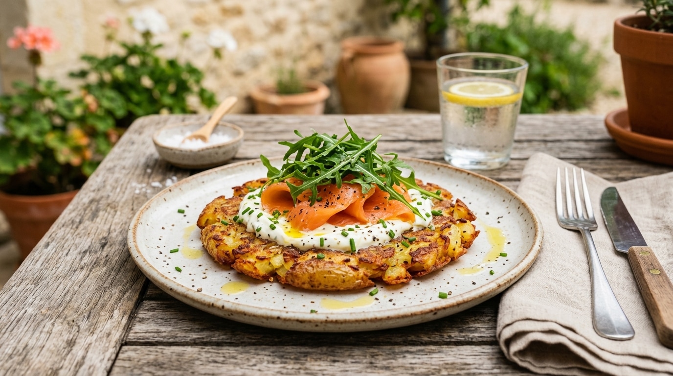 Croustillante dessous, fraîche dessus : cette grande galette de grenailles au saumon fumé se prépare pendant que le four travaille