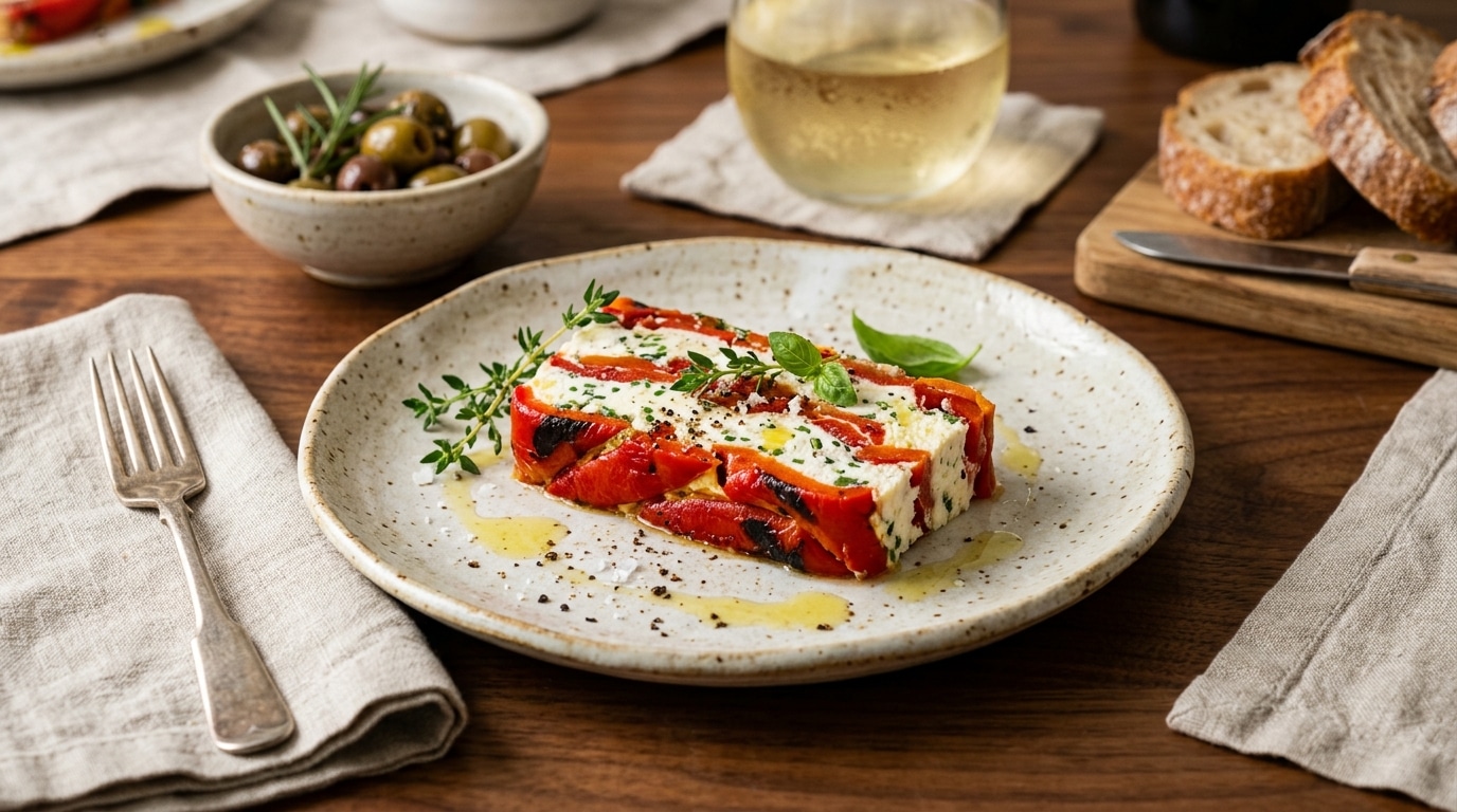 Fini l’entrée qui tient au ventre en plein mois d’août : cette terrine de poivrons se sert glacée et disparaît en cinq minutes