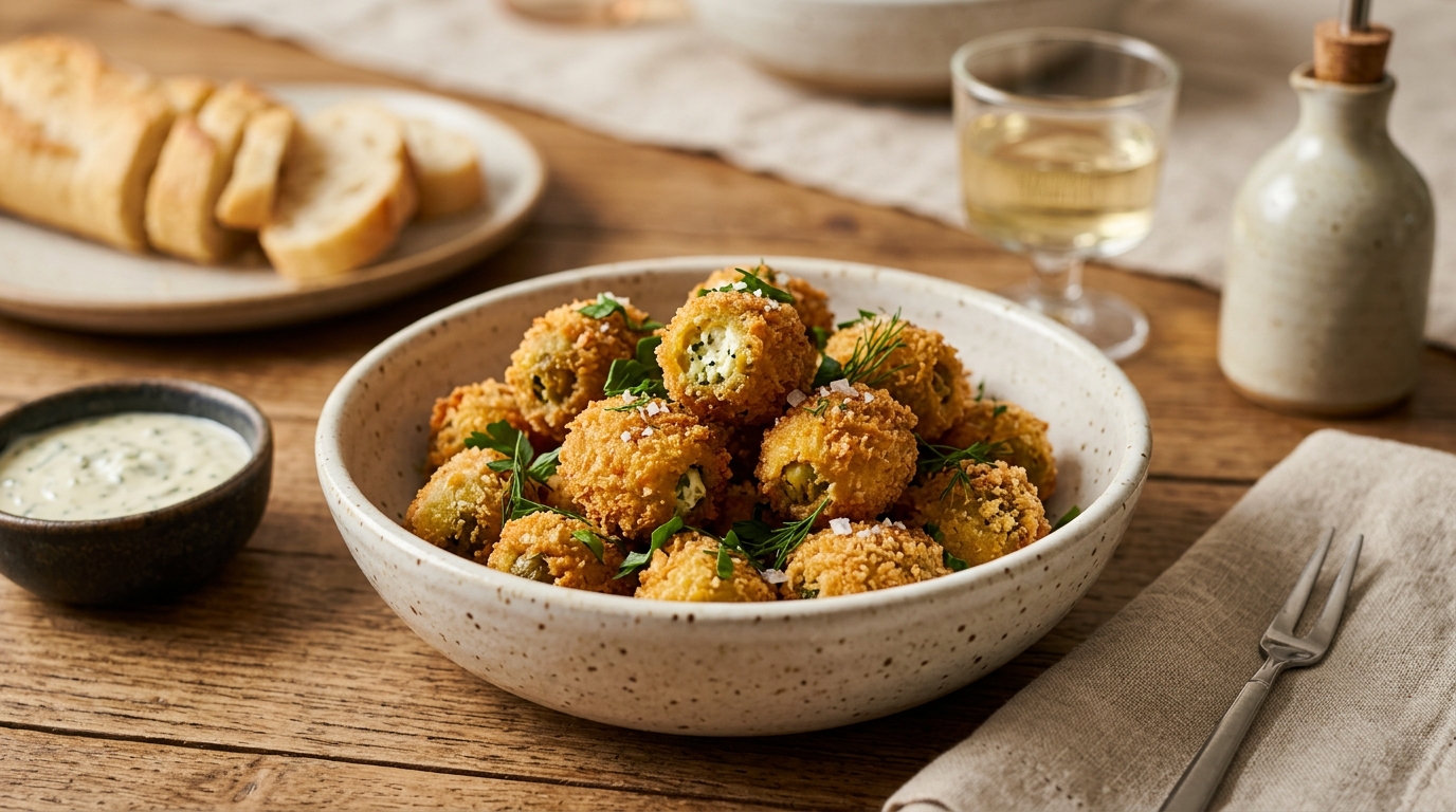 Fini les cacahuètes et les gressins à l’apéro : ces olives farcies à la feta croustillent en 3 minutes de friture