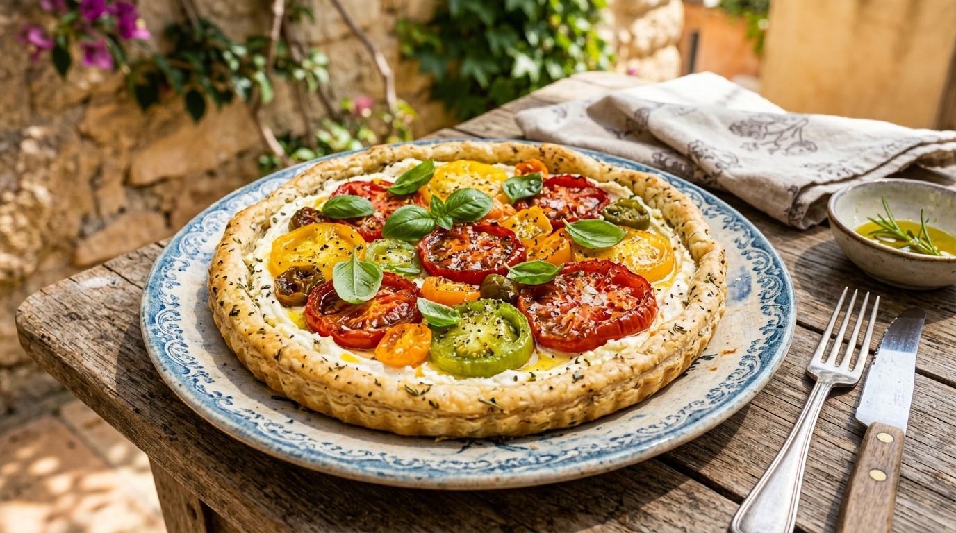 J’ai badigeonné mes tomates anciennes juste avant d’enfourner : mes invités ont voulu emporter le reste de la tarte