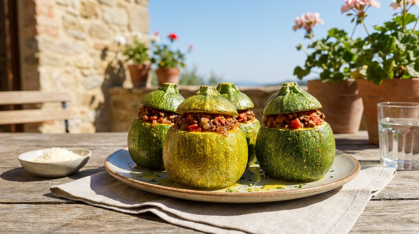 J’ai farci mes courgettes rondes comme mon boucher me l’a conseillé : au four, elles ont doré en 40 minutes