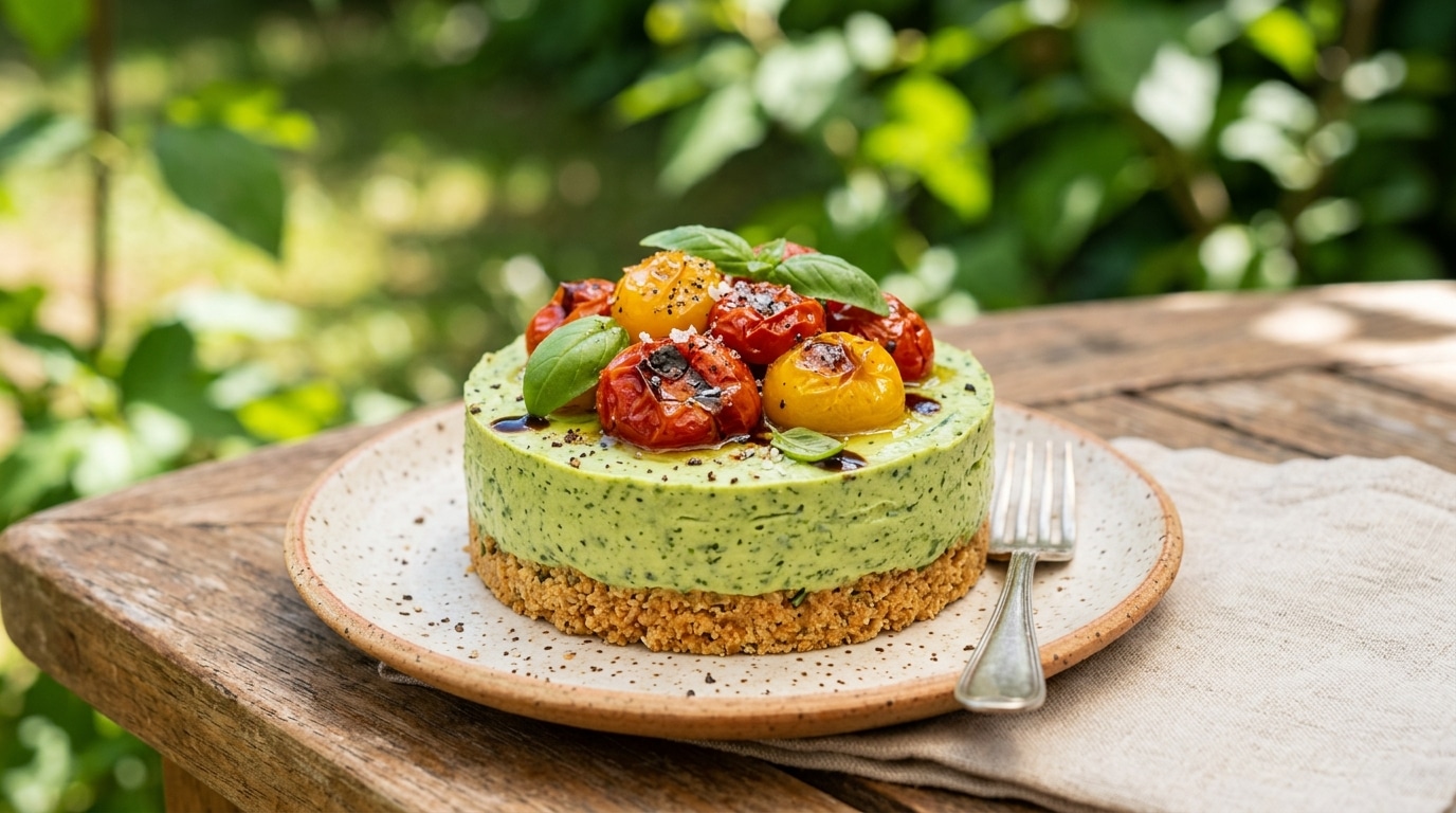 J&rsquo;ai laissé mon cheesecake salé au basilic une heure au congélateur avant de le servir : la texture n&rsquo;avait plus rien à voir