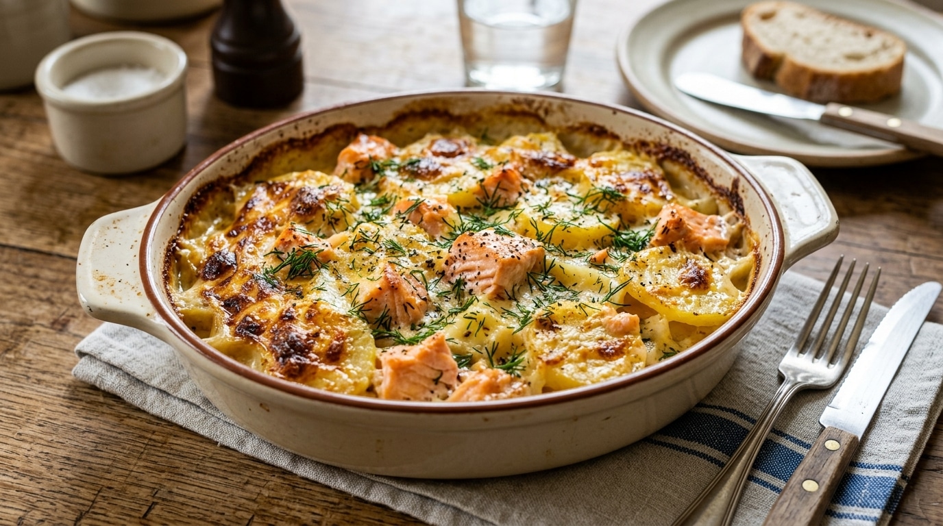 J’ai superposé mes pommes de terre avec un poisson rose juste pour changer du dauphinois : mes invités ont redemandé trois fois
