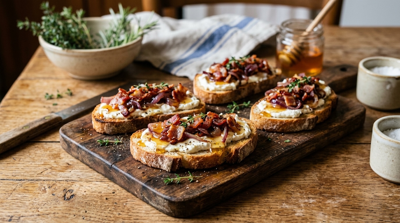 Plus personne ne sert de chips à l’apéro : en 2026, on pose ces bruschettas chèvre-lardons sur la table