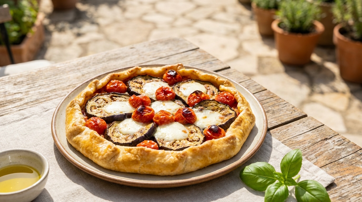 Sous la mozzarella dorée : cette tarte aux aubergines et tomates qui sauve les dîners de fin d’août